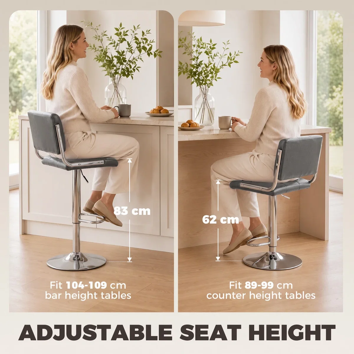 HOMCOM Adjustable Bar Stools Set of 2 with Backrest - Grey – image 6