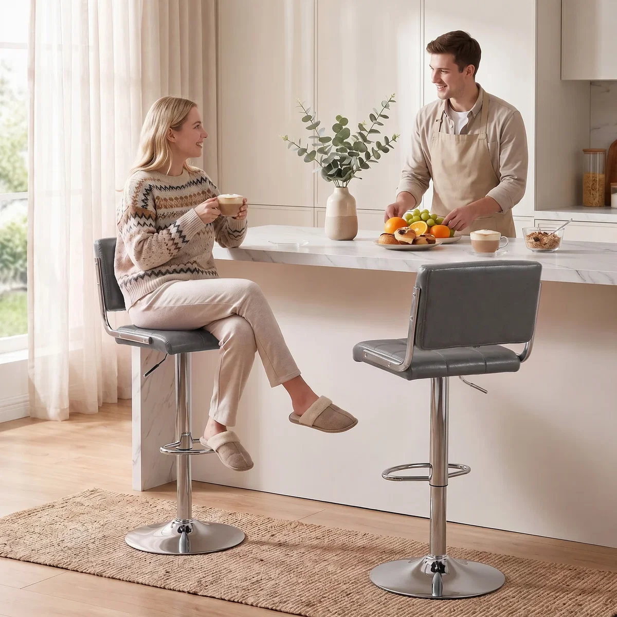 HOMCOM Adjustable Bar Stools Set of 2 with Backrest - Grey – image 1