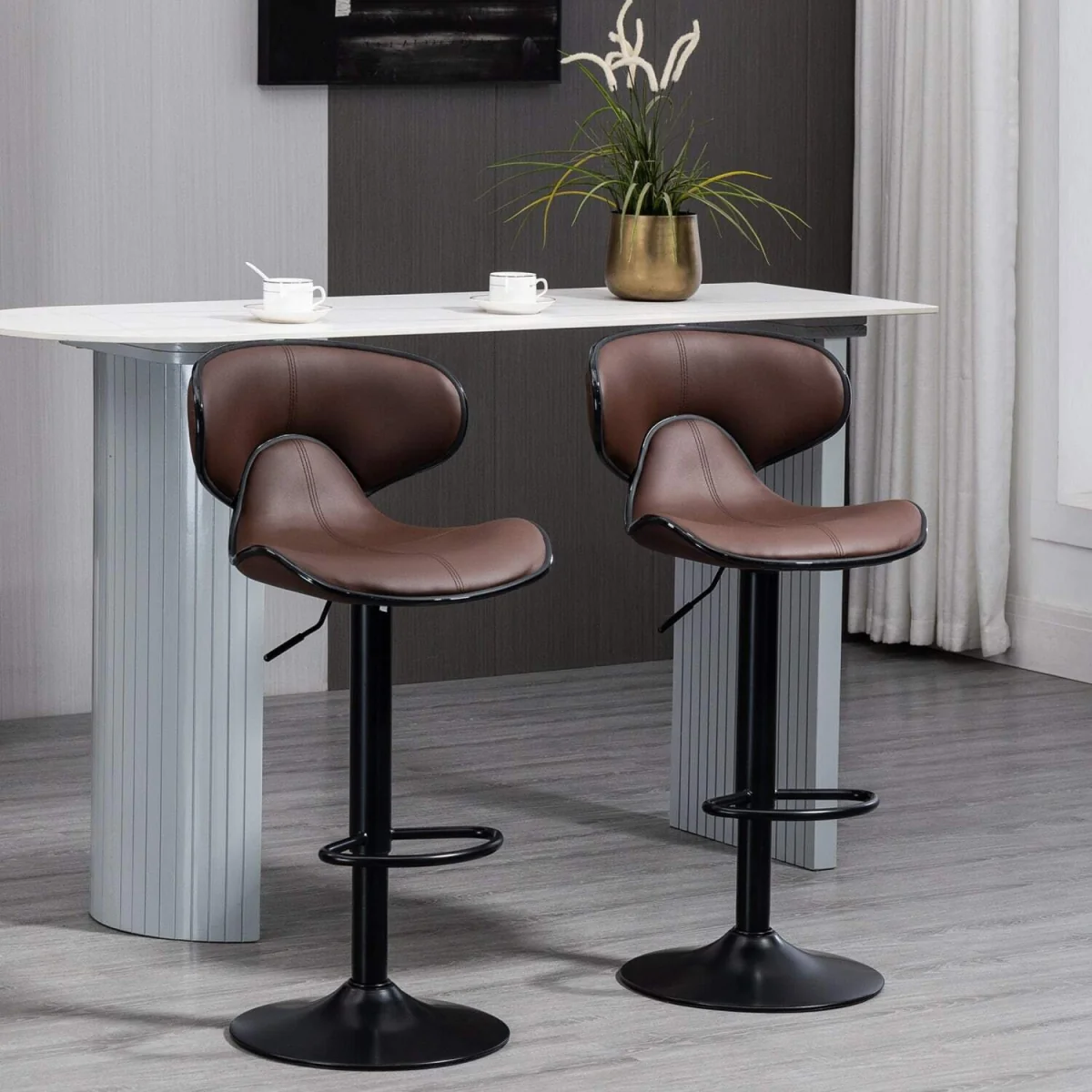 Mifaro Set of 2 Brown Adjustable Swivel Bar Stools with Steel Frame and Footrest – image 4