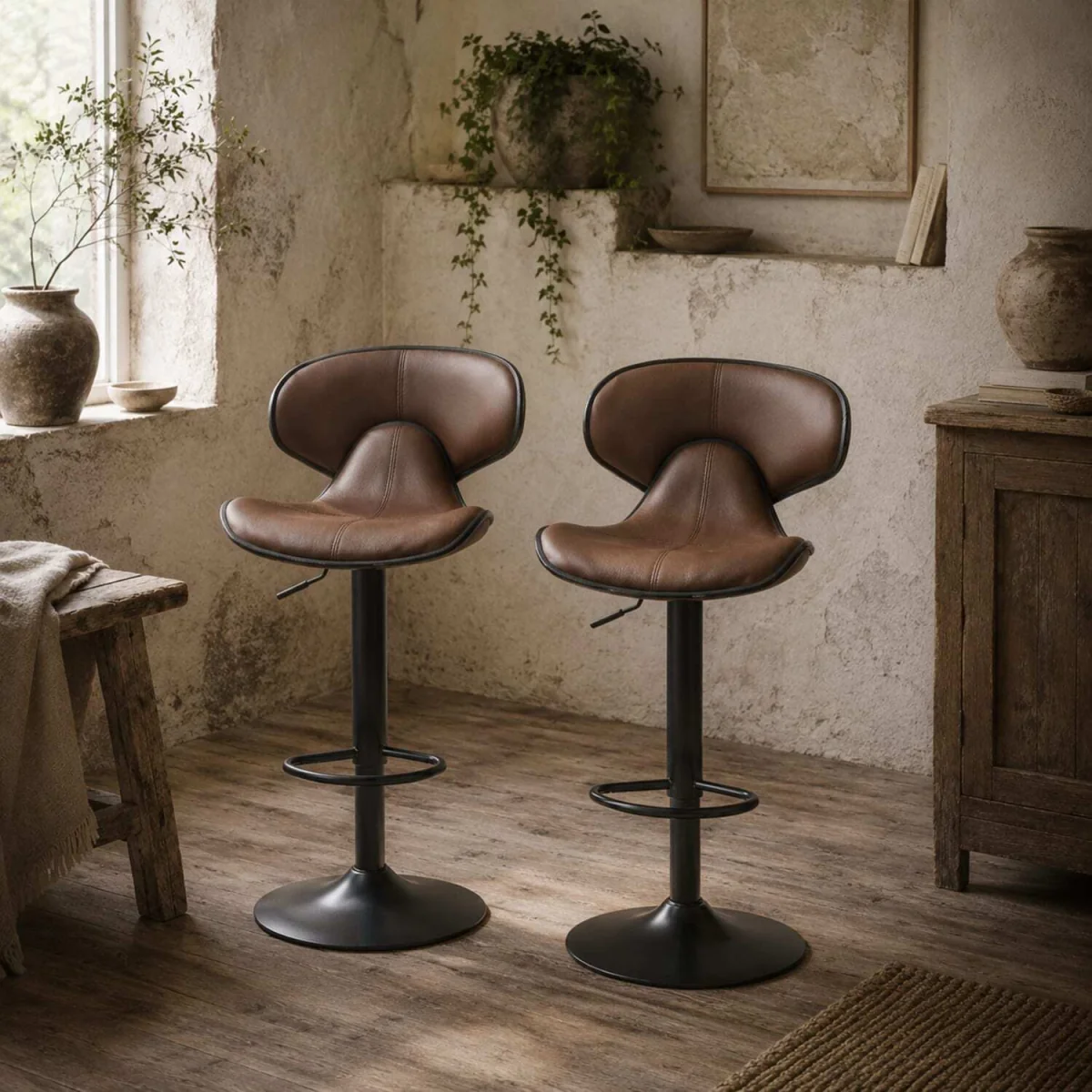 Mifaro Set of 2 Brown Adjustable Swivel Bar Stools with Steel Frame and Footrest – image 1