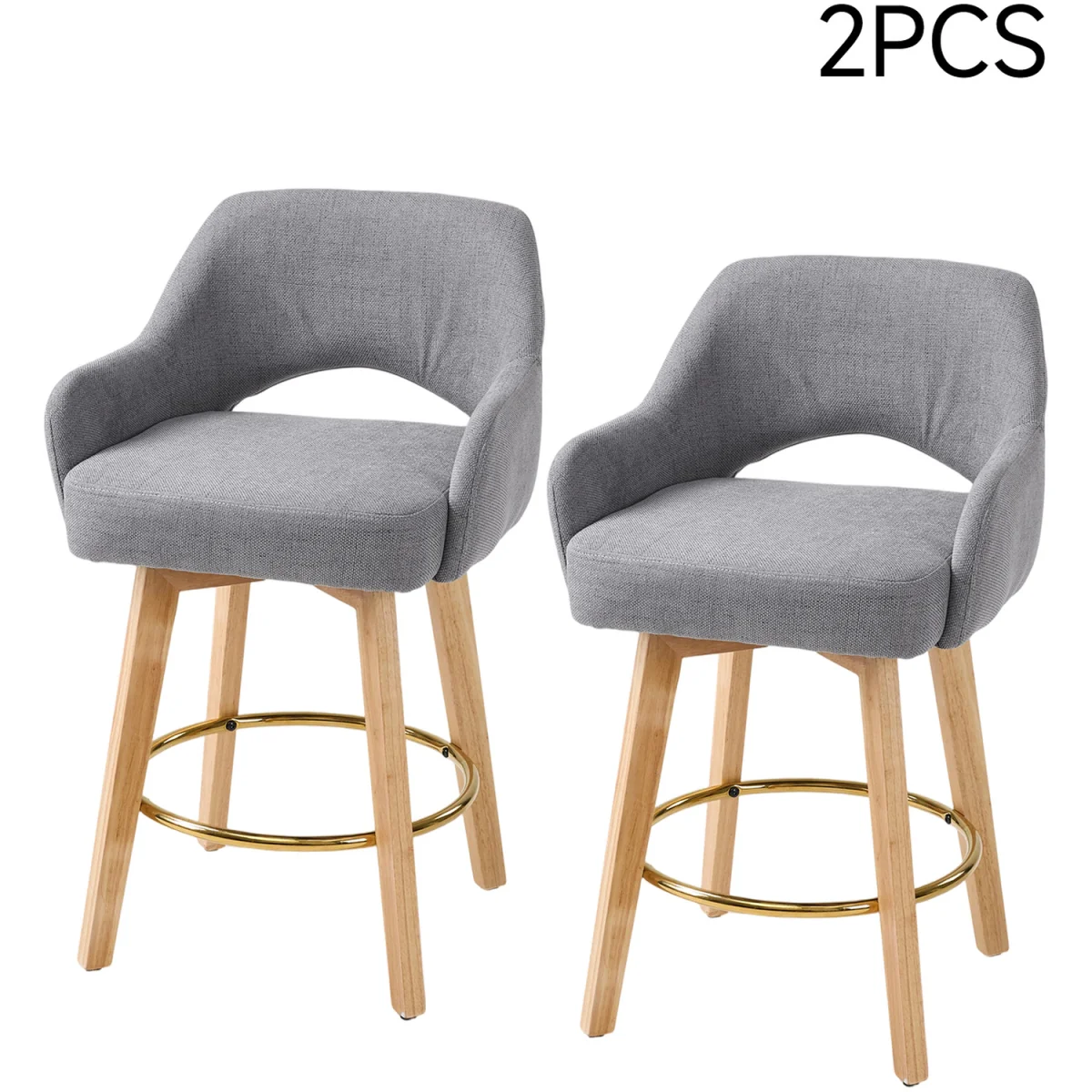 Set of 2 Swivel Chenille Upholstered Bar Stools Wooden Legs - Grey – image 2