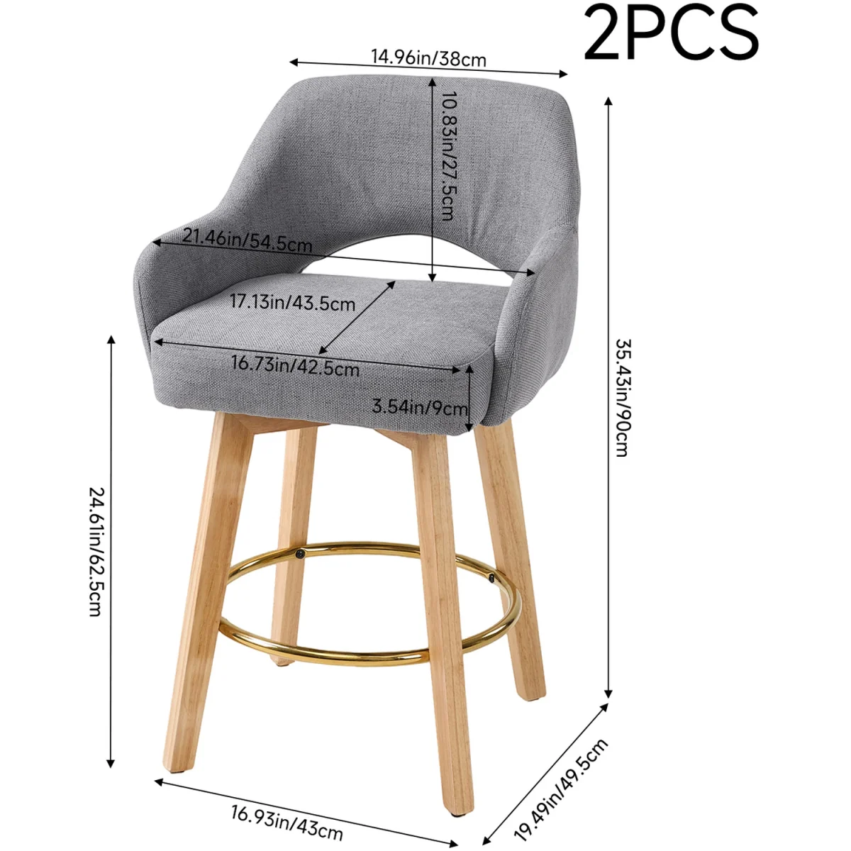 Set of 2 Swivel Chenille Upholstered Bar Stools Wooden Legs - Grey – image 3