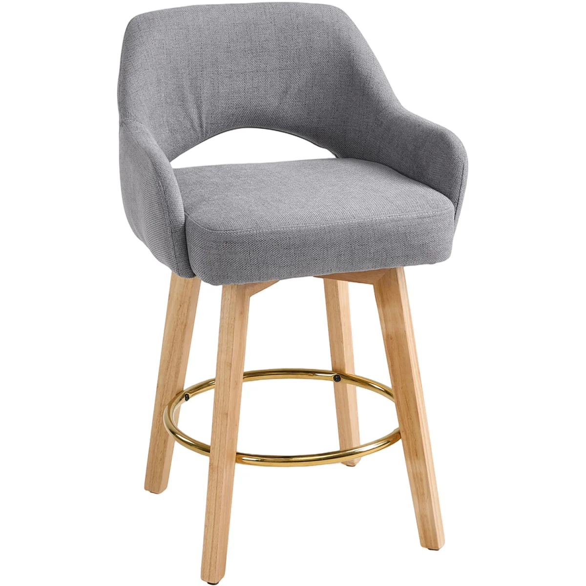 Set of 2 Swivel Chenille Upholstered Bar Stools Wooden Legs - Grey – image 5