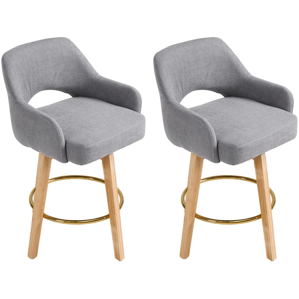 Set of 2 Swivel Chenille Upholstered Bar Stools Wooden Legs - Grey – image 6
