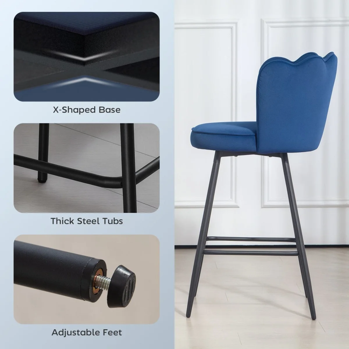 Yovafi Set of 2 Dark Blue Velvet-Feel Lotus Bar Stools – image 2