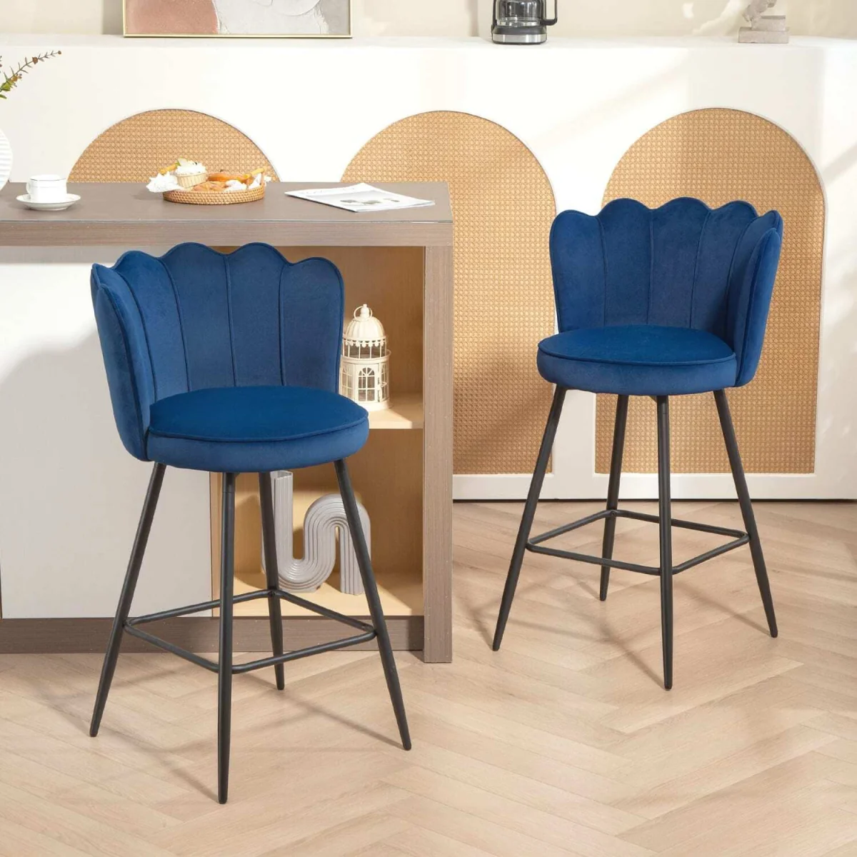 Yovafi Set of 2 Dark Blue Velvet-Feel Lotus Bar Stools – image 4