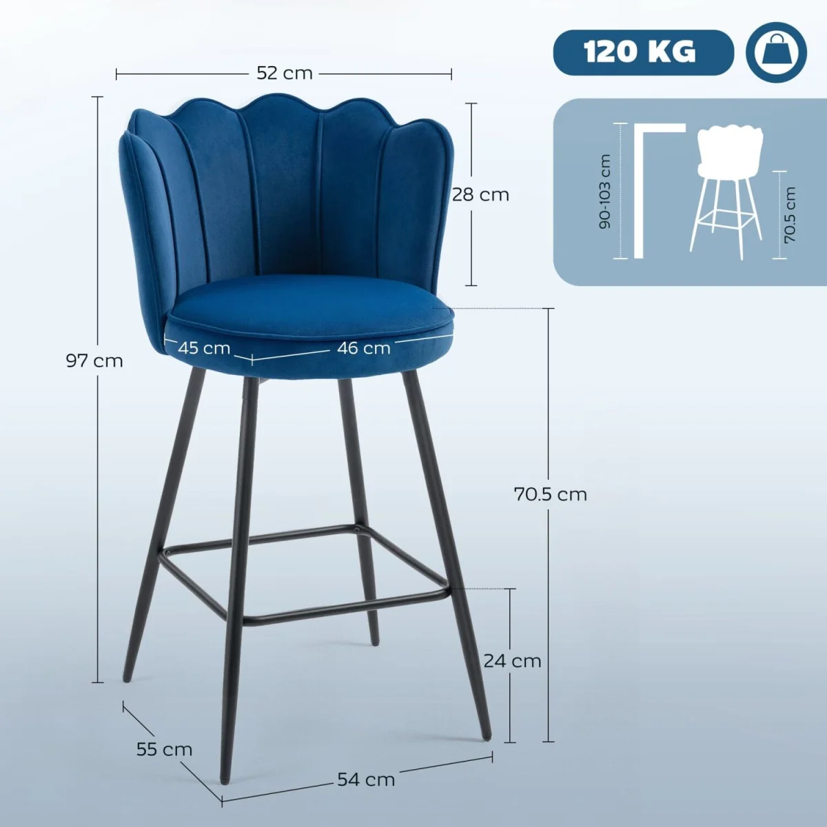 Yovafi Set of 2 Dark Blue Velvet-Feel Lotus Bar Stools – image 5