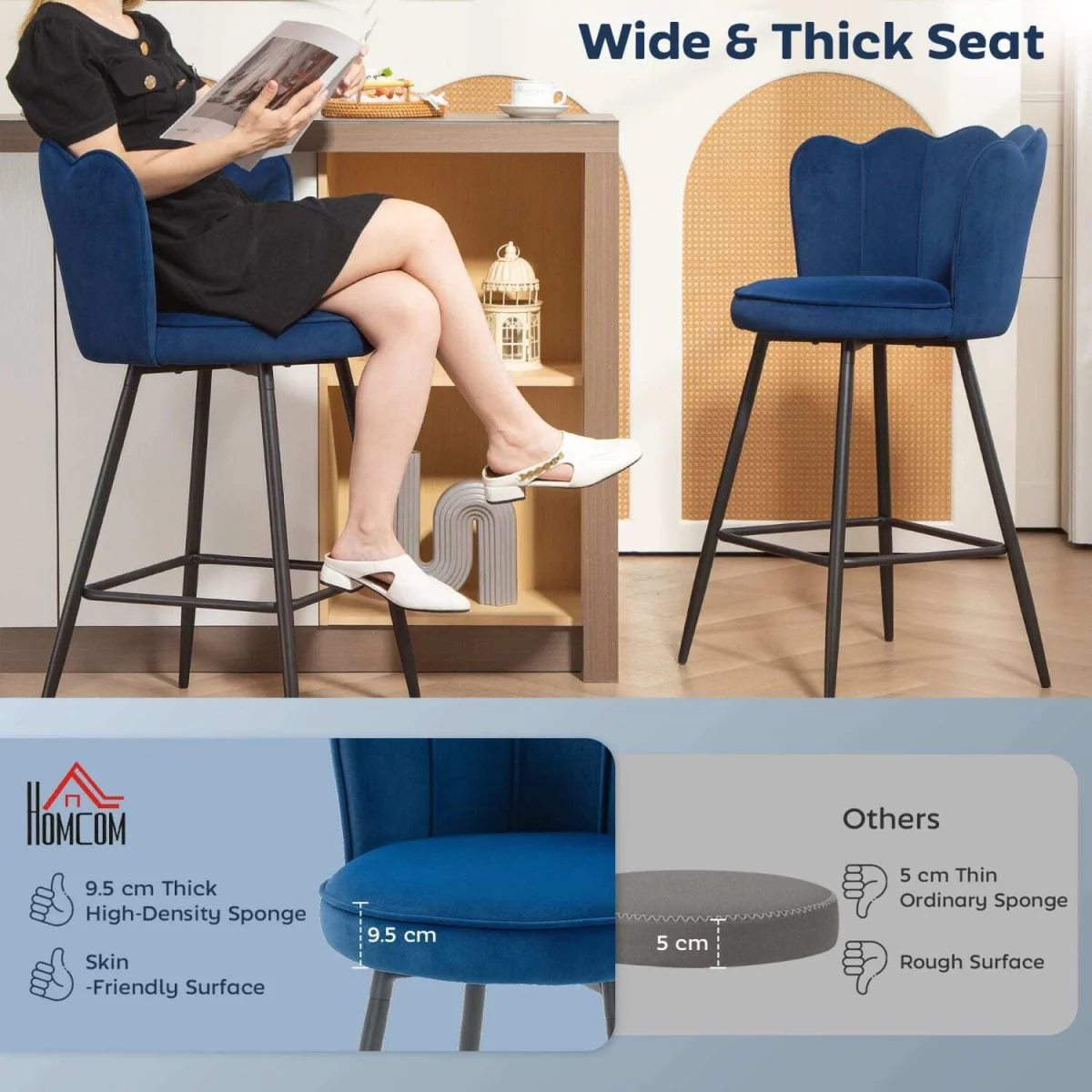 Yovafi Set of 2 Dark Blue Velvet-Feel Lotus Bar Stools – image 6