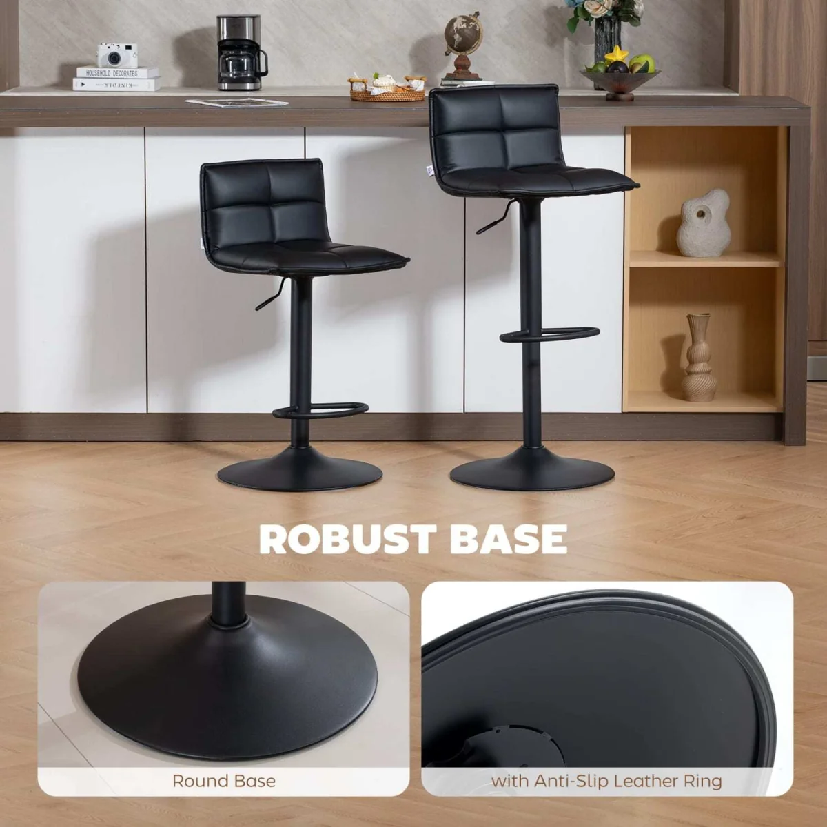 Miha Set of 2 Black Faux Leather Modern Bar Stools – image 2