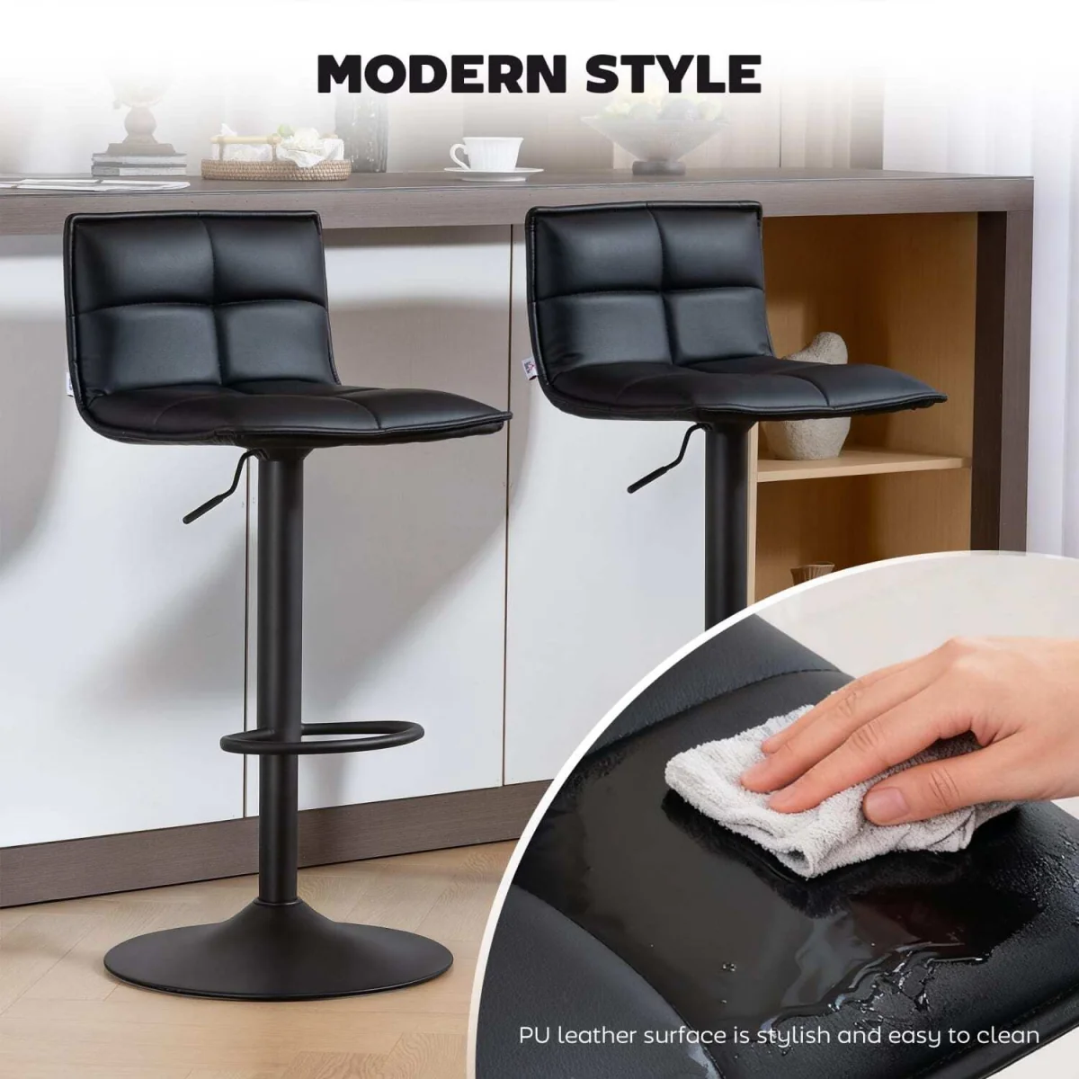Miha Set of 2 Black Faux Leather Modern Bar Stools – image 7