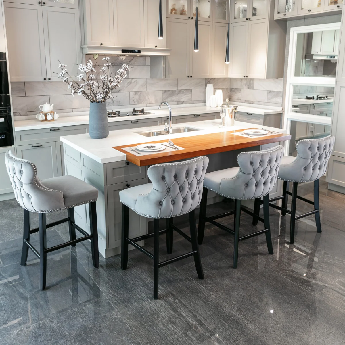 Set of 6 Contemporary Velvet Upholstered Wing-Back Barstools - Grey
