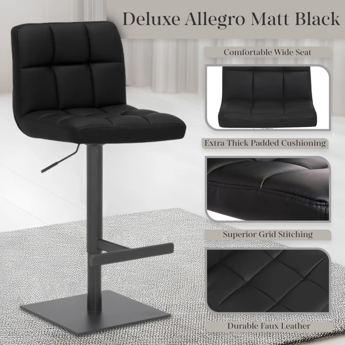 Deluxe Allegro Bar Stool, Matt Black Luxury Frame, Weighted Base - Black – image 2