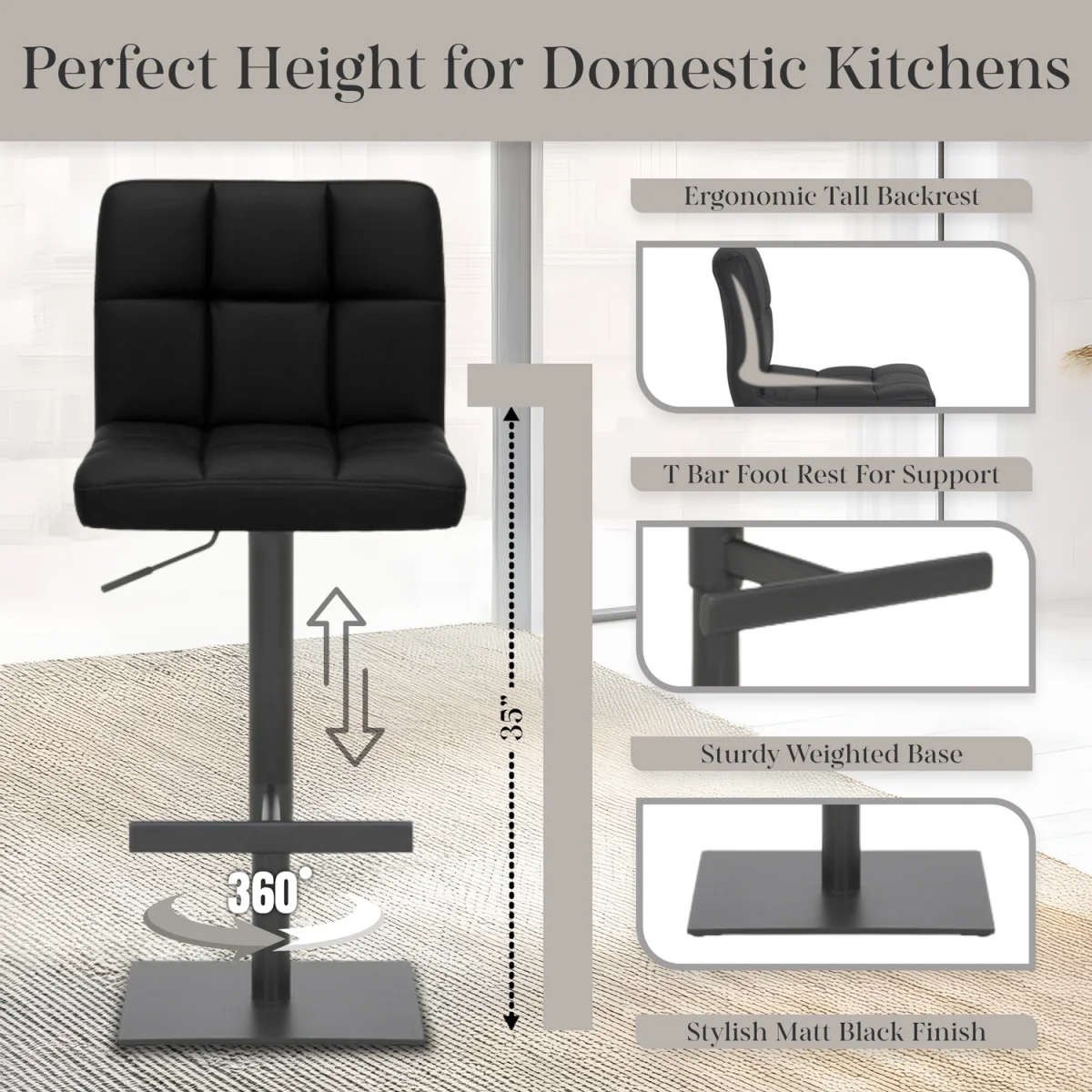 Deluxe Allegro Bar Stool, Matt Black Luxury Frame, Weighted Base - Black – image 3