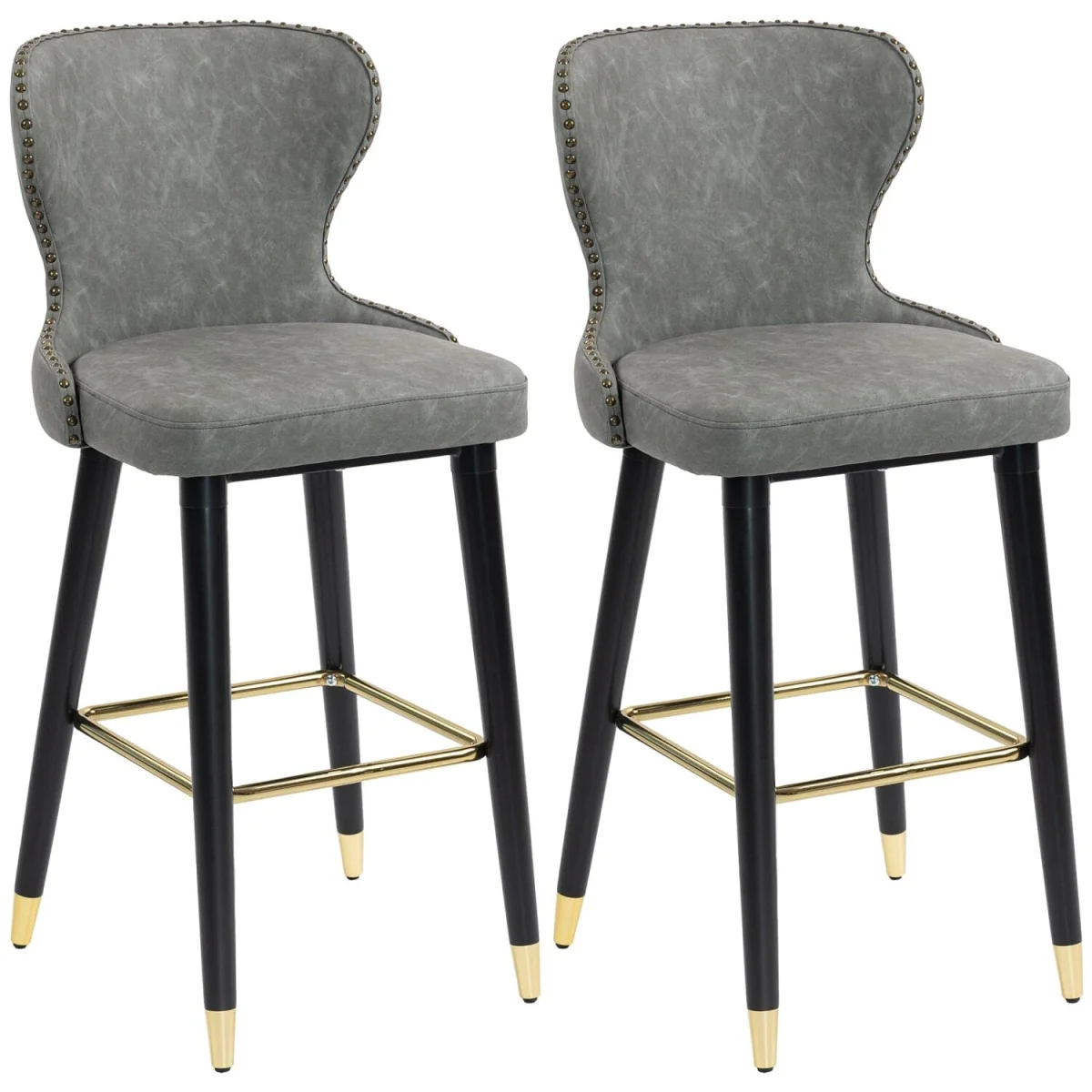Finomo Set of 2 Grey Faux Leather Bar Stools with Wooden Legs and Footrest – image 3