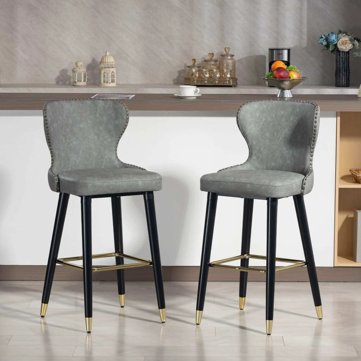 Finomo Set of 2 Grey Faux Leather Bar Stools with Wooden Legs and Footrest – image 4