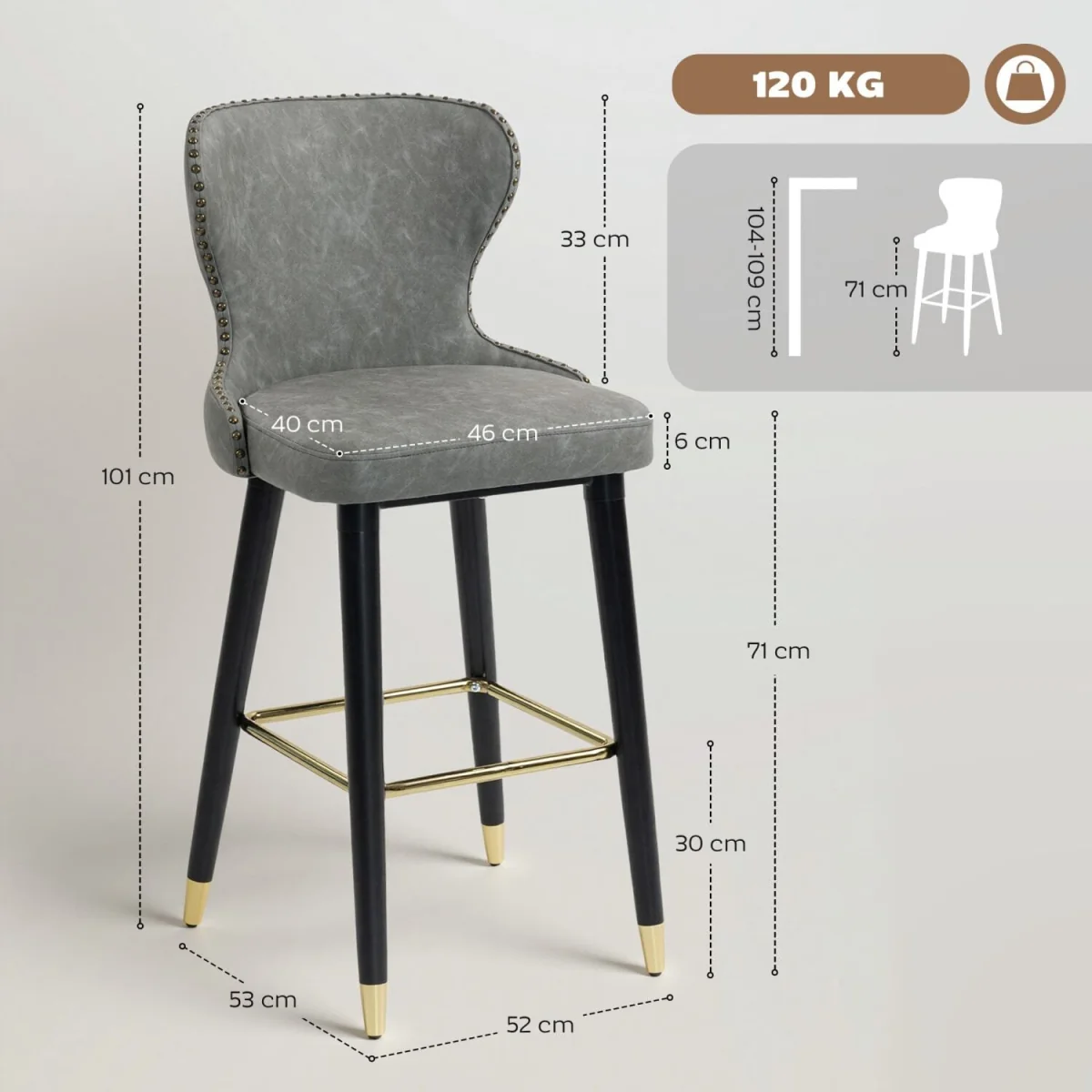 Finomo Set of 2 Grey Faux Leather Bar Stools with Wooden Legs and Footrest – image 5