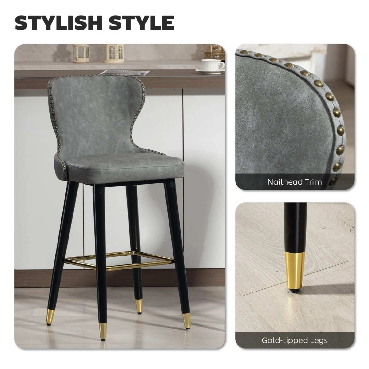 Finomo Set of 2 Grey Faux Leather Bar Stools with Wooden Legs and Footrest – image 6