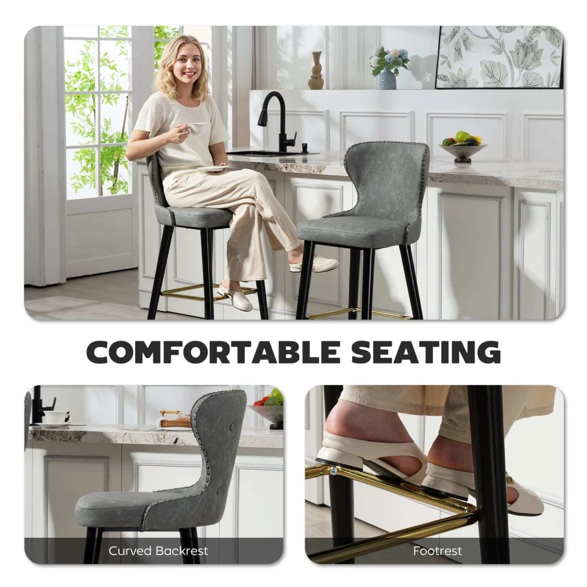 Finomo Set of 2 Grey Faux Leather Bar Stools with Wooden Legs and Footrest – image 7