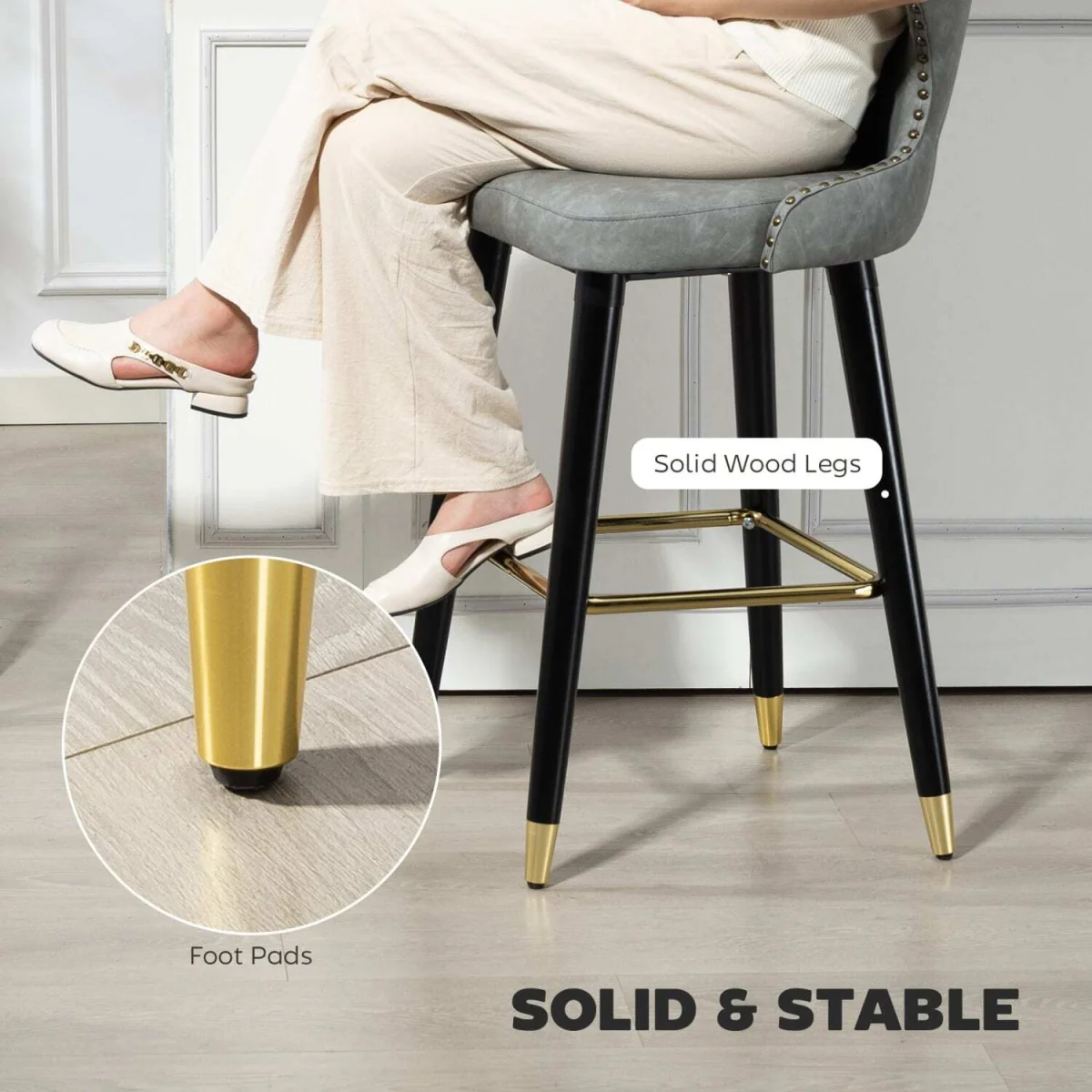 Finomo Set of 2 Grey Faux Leather Bar Stools with Wooden Legs and Footrest – image 8