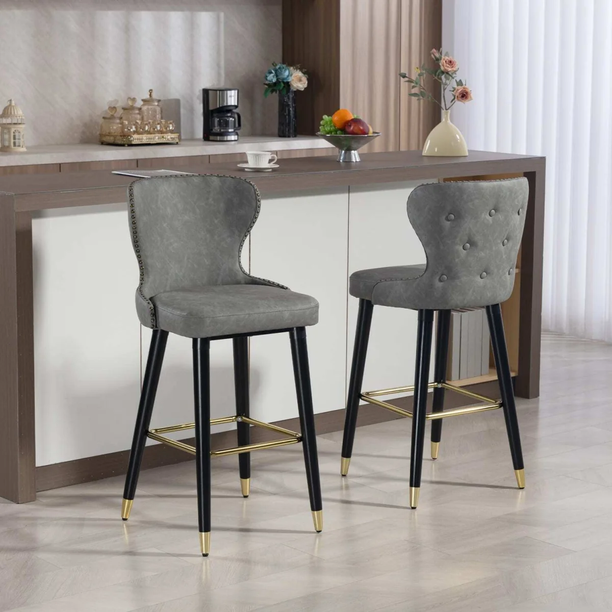 Finomo Set of 2 Grey Faux Leather Bar Stools with Wooden Legs and Footrest – image 9