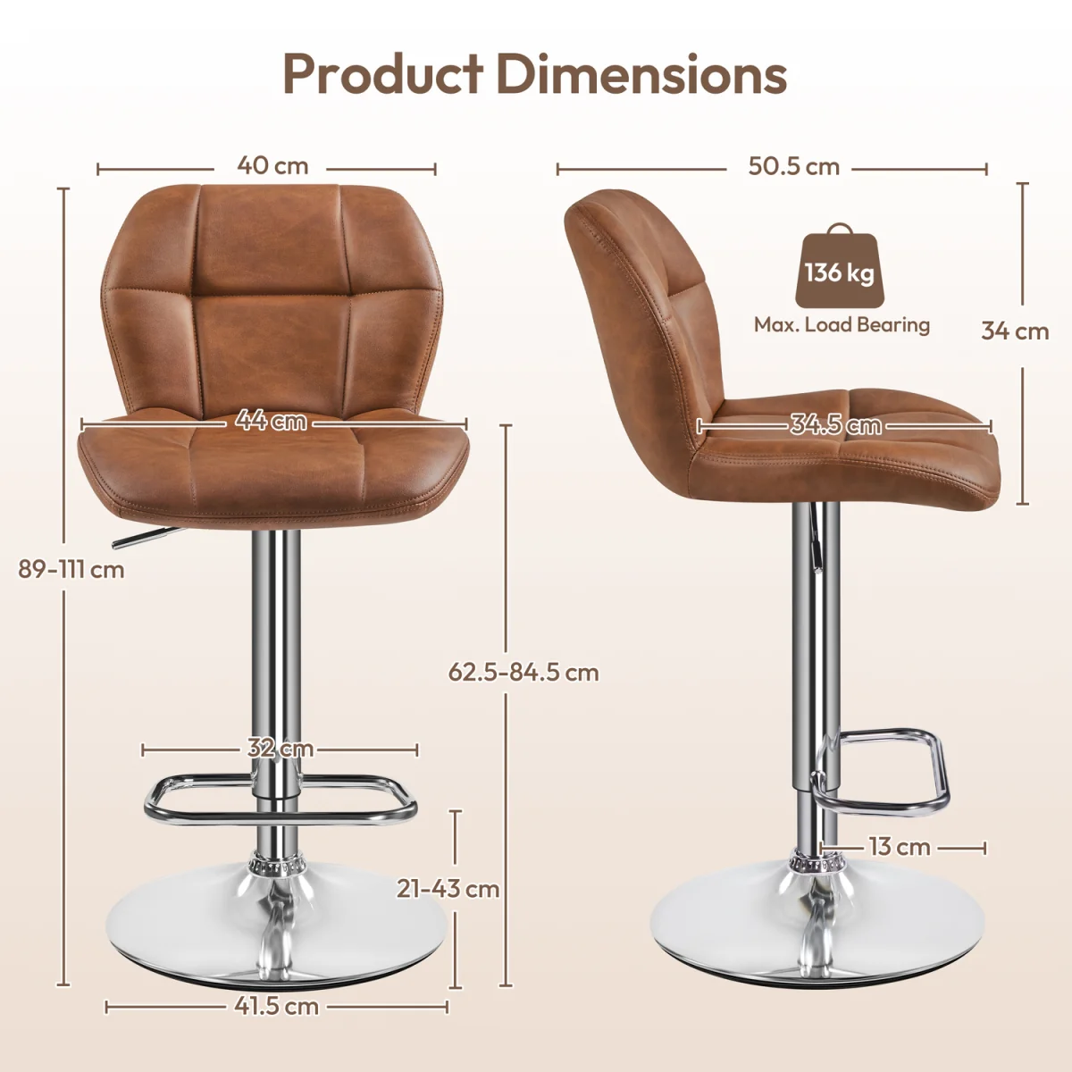 Yaheetech Adjustable-Height Swivel Bar Stools - Retro Brown – image 3