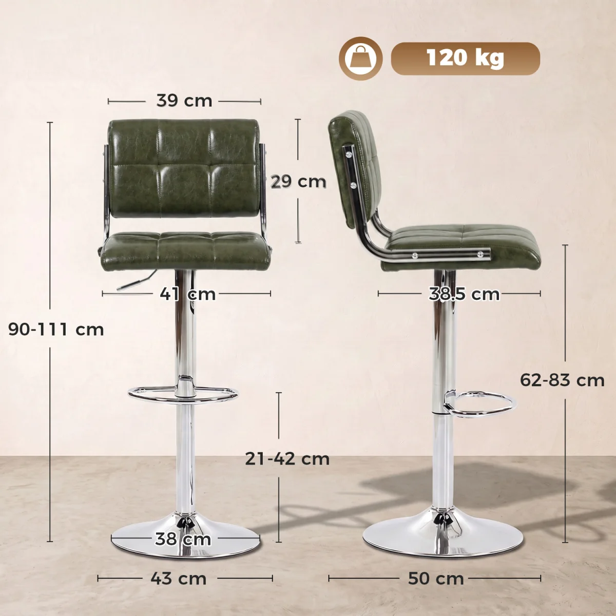 HOMCOM Adjustable Bar Stools Set of 2 with Backrest - Green – image 4