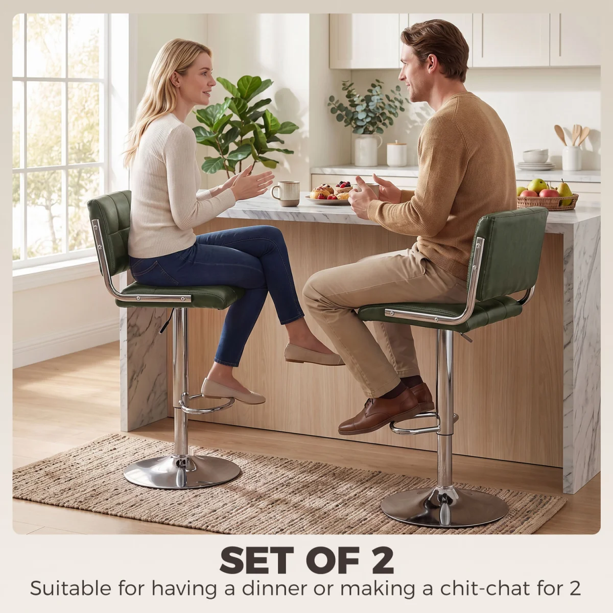 HOMCOM Adjustable Bar Stools Set of 2 with Backrest - Green – image 5