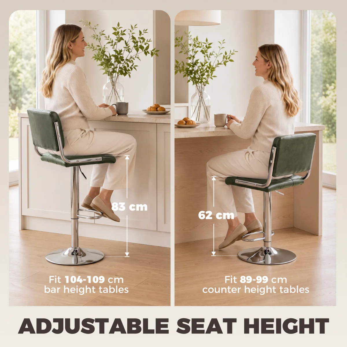 HOMCOM Adjustable Bar Stools Set of 2 with Backrest - Green – image 7