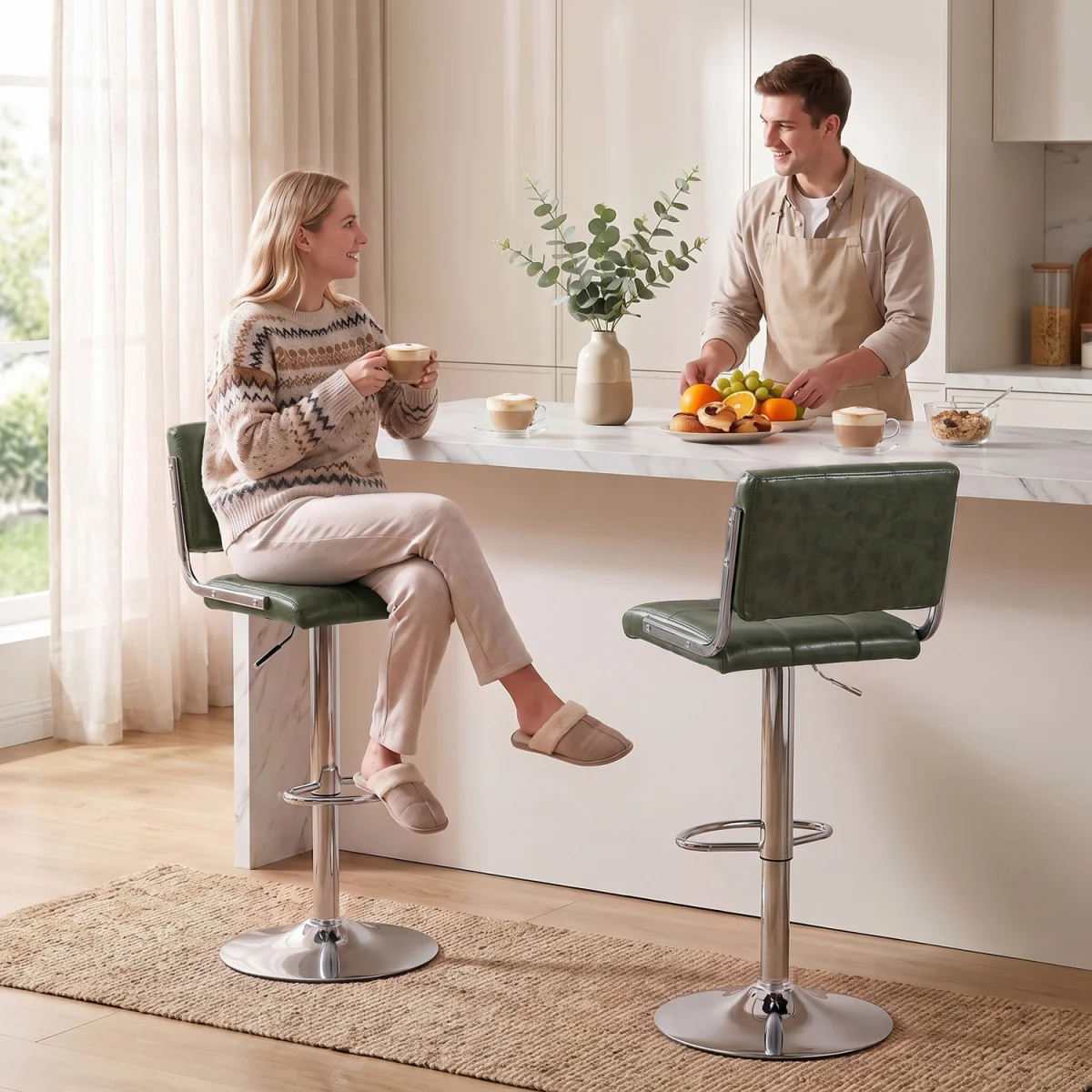 HOMCOM Adjustable Bar Stools Set of 2 with Backrest - Green – image 1