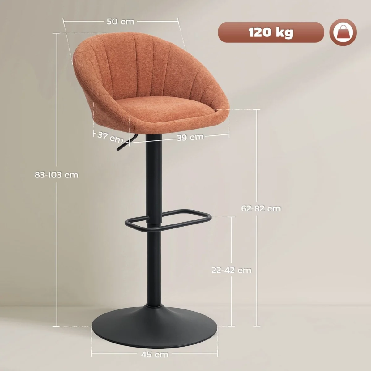 Lovake Fabric Orange Relaxed Tub Bar Stools Set of 2 with Curved Seat – image 2