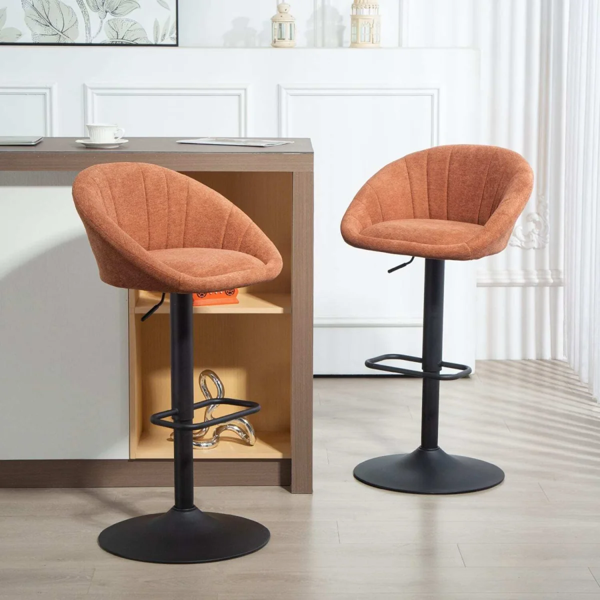 Lovake Fabric Orange Relaxed Tub Bar Stools Set of 2 with Curved Seat – image 4