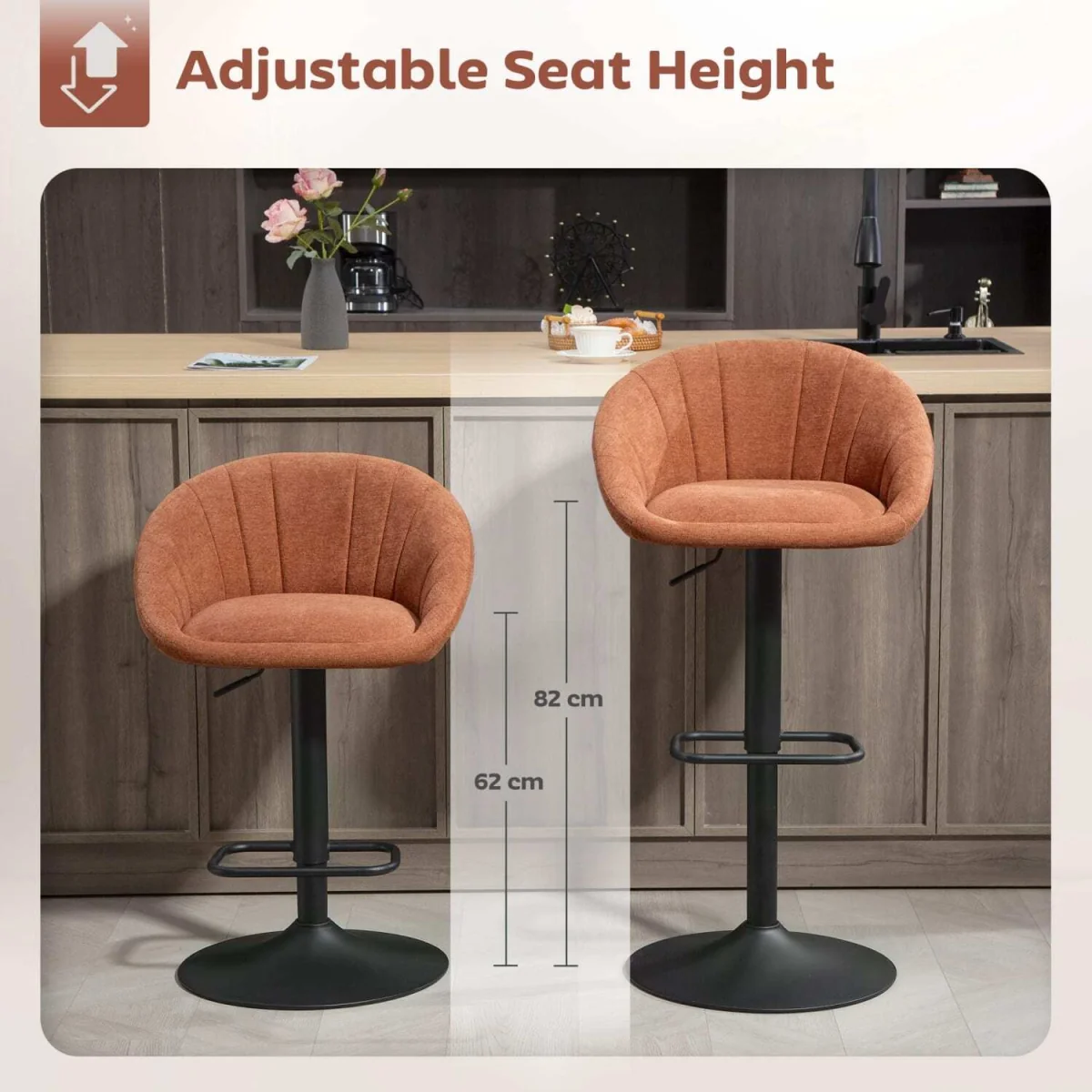 Lovake Fabric Orange Relaxed Tub Bar Stools Set of 2 with Curved Seat – image 5