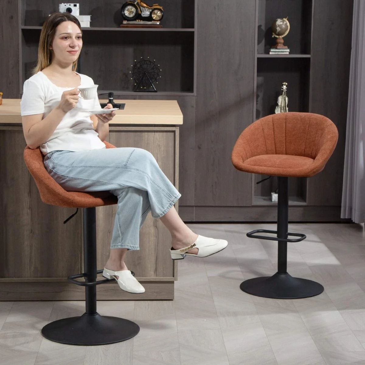 Lovake Fabric Orange Relaxed Tub Bar Stools Set of 2 with Curved Seat – image 10
