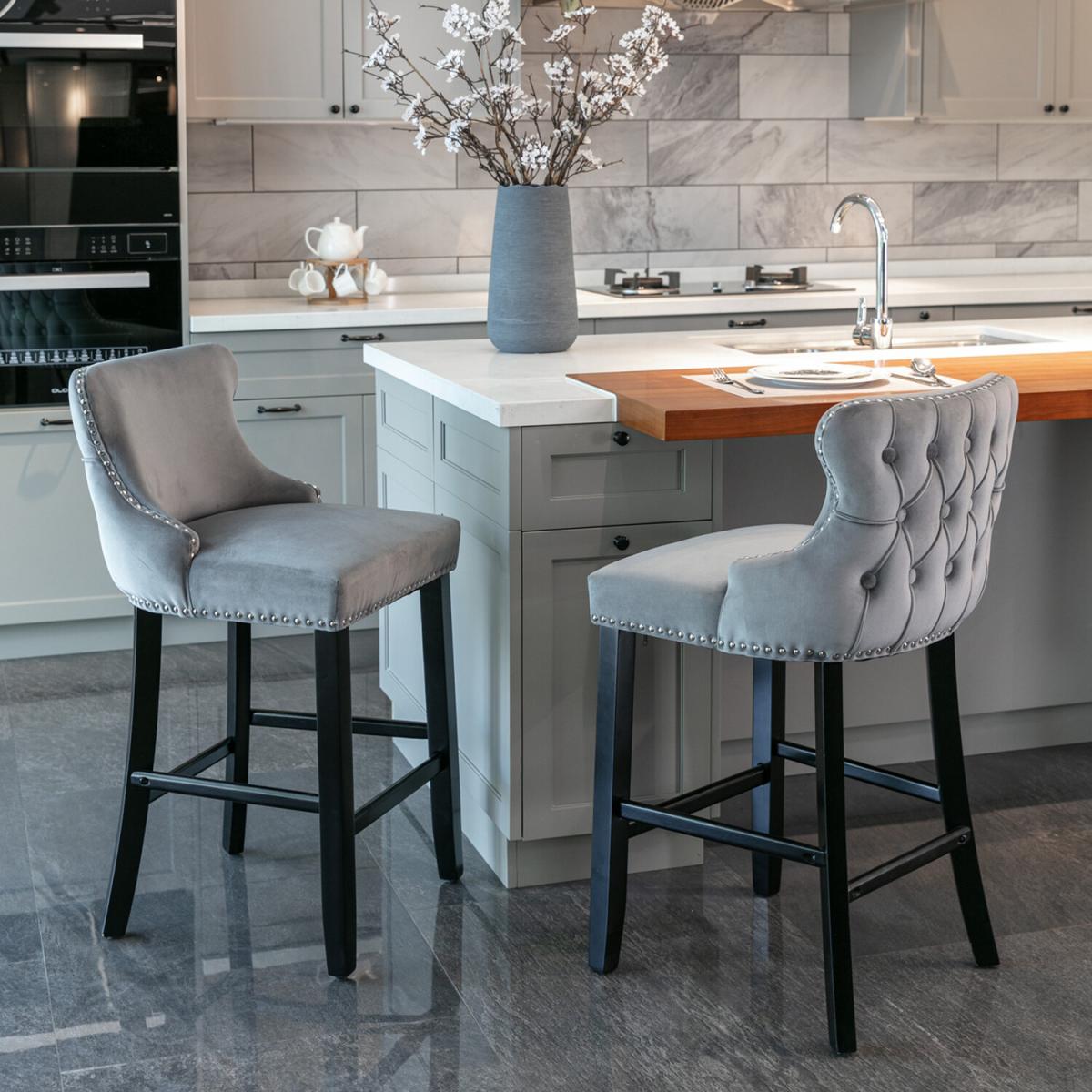 Set of 2 Modern Velvet Tufted Wing Back Wooden Leg Bar Stools - Grey