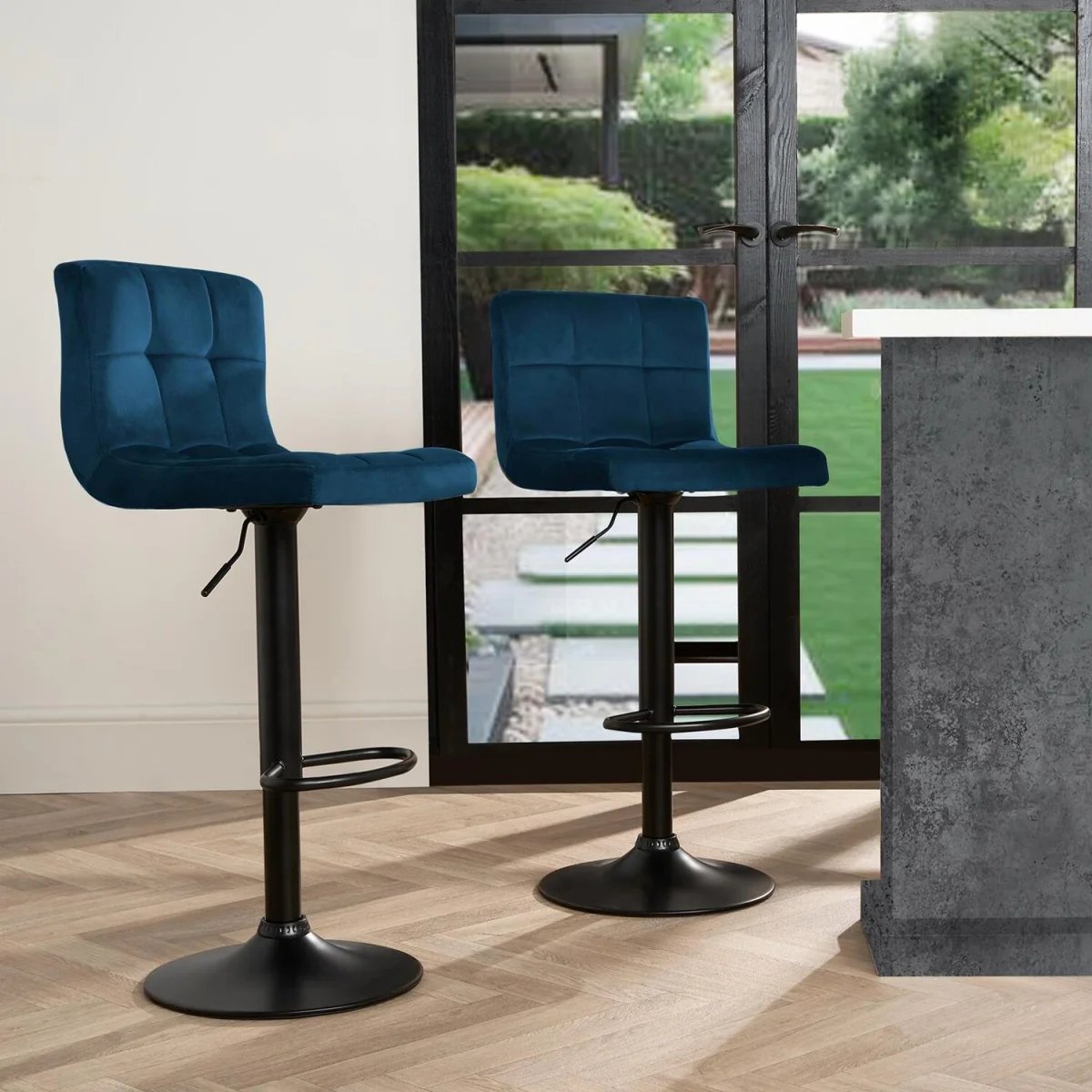 Set of 2 Adjustable Striped Velvet Bar Stools - Navy – image 7