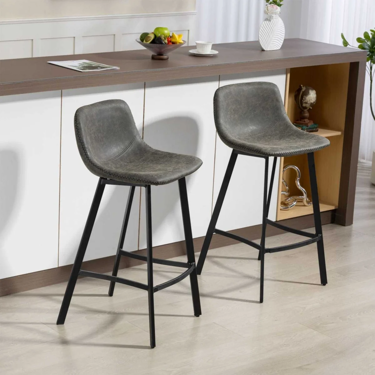 Nora Set of 2 Grey Faux Leather Dining Bar Stools with Back and Foot Support – image 4