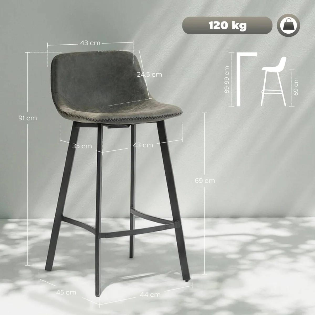 Nora Set of 2 Grey Faux Leather Dining Bar Stools with Back and Foot Support – image 5