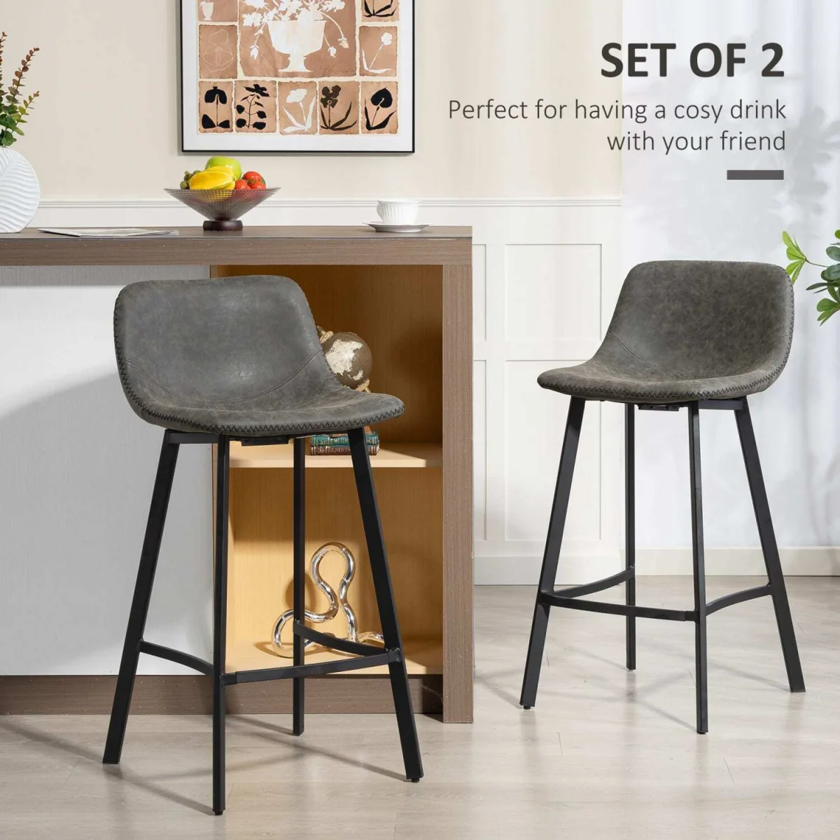 Nora Set of 2 Grey Faux Leather Dining Bar Stools with Back and Foot Support – image 6