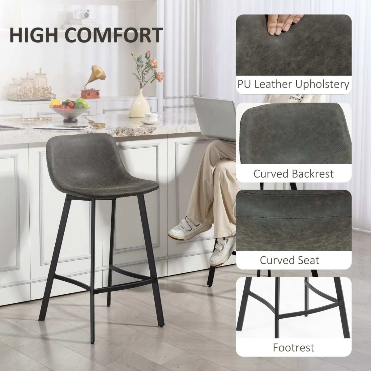 Nora Set of 2 Grey Faux Leather Dining Bar Stools with Back and Foot Support – image 7