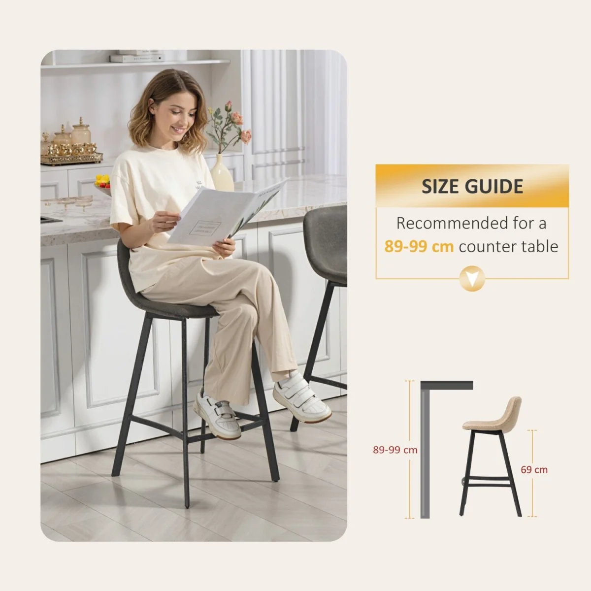 Nora Set of 2 Grey Faux Leather Dining Bar Stools with Back and Foot Support – image 8