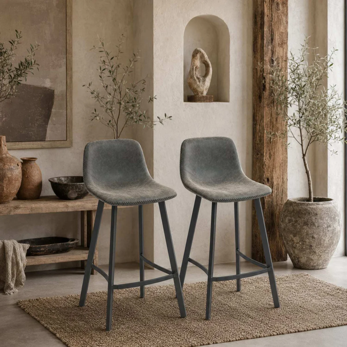 Nora Set of 2 Grey Faux Leather Dining Bar Stools with Back and Foot Support – image 1