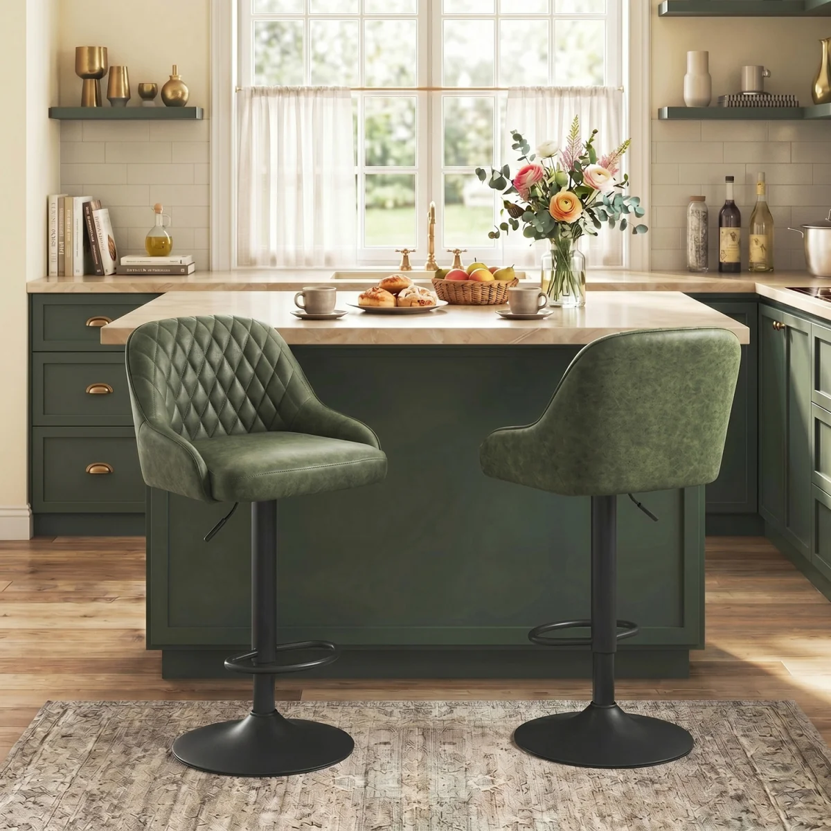 HOMCOM Bar Stools Set of 2 Adjustable Swivel Counter Height Black - Dark Green – image 2