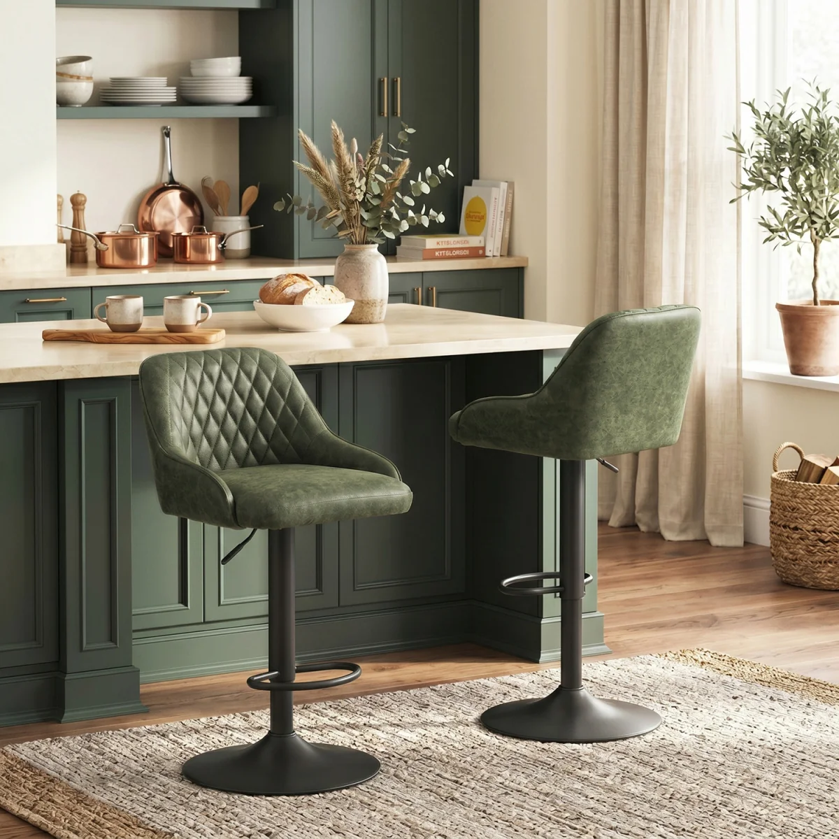 HOMCOM Bar Stools Set of 2 Adjustable Swivel Counter Height Black - Dark Green – image 3