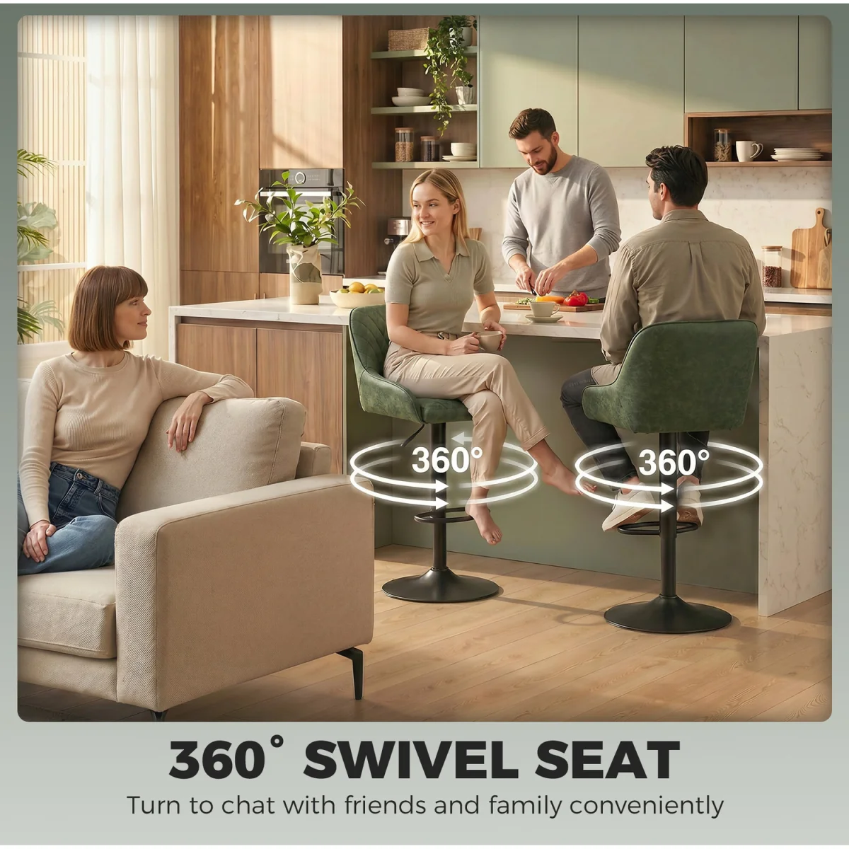 HOMCOM Bar Stools Set of 2 Adjustable Swivel Counter Height Black - Dark Green – image 4