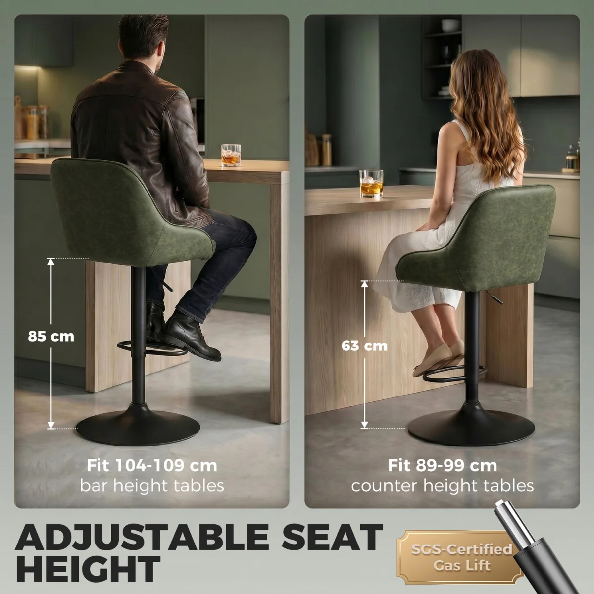 HOMCOM Bar Stools Set of 2 Adjustable Swivel Counter Height Black - Dark Green – image 6