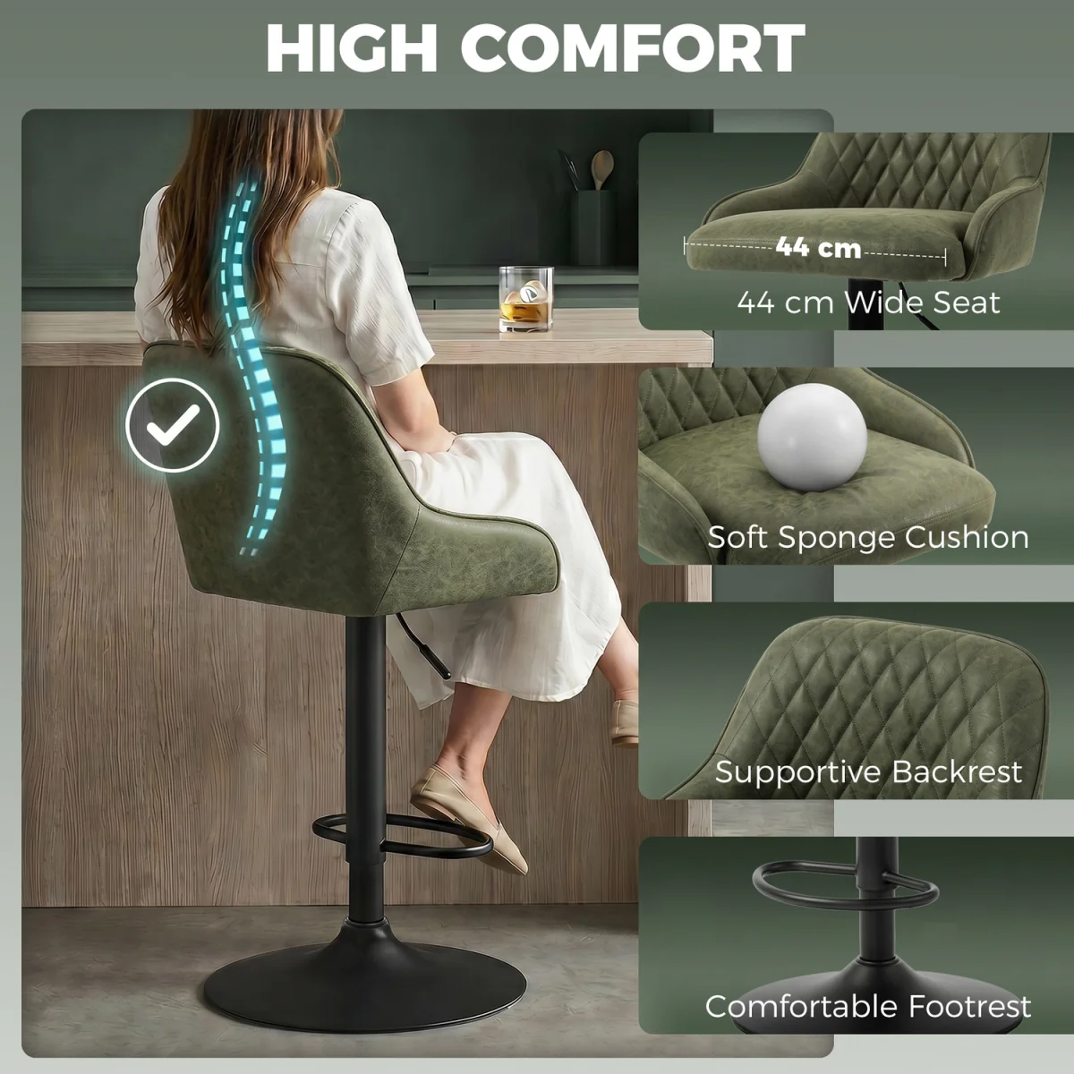 HOMCOM Bar Stools Set of 2 Adjustable Swivel Counter Height Black - Dark Green – image 7