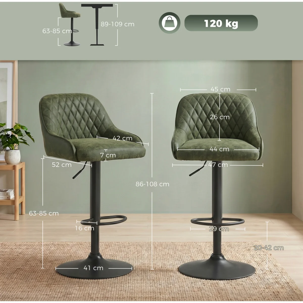 HOMCOM Bar Stools Set of 2 Adjustable Swivel Counter Height Black - Dark Green – image 8