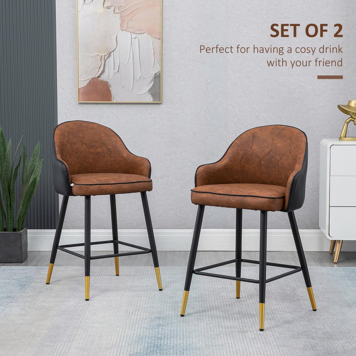 Modern Bar Stools Set of 2, Upholstered Kitchen Stool - Brown – image 2