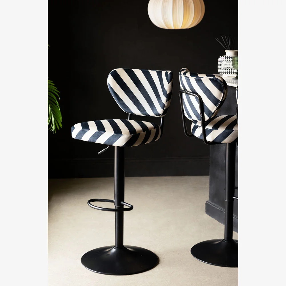 Set Of 2 Adjustable Bar Stools in Black & Sand Stripe