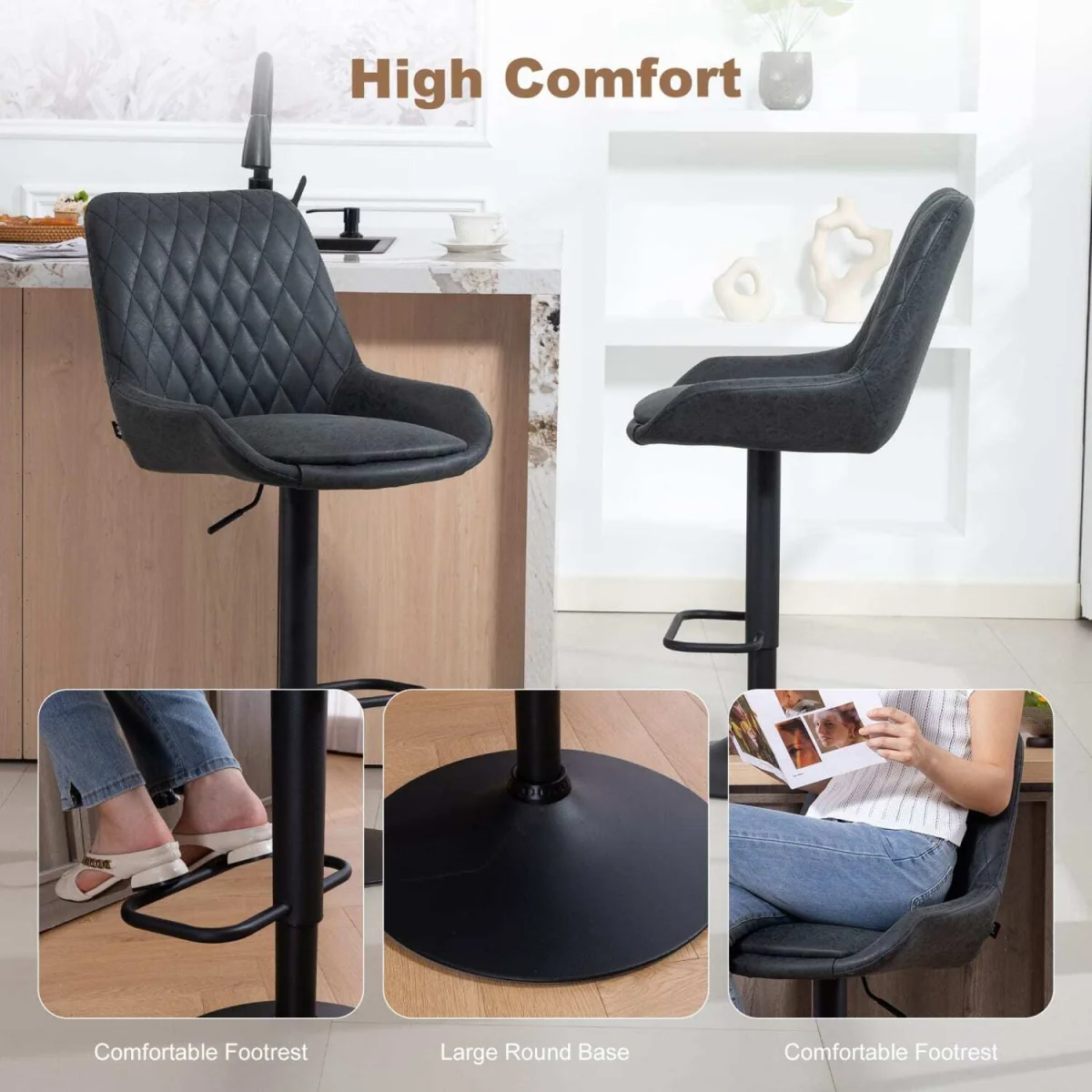 Reta Set of 2 Black Faux Leather Retro-Style Bar Stools – image 2